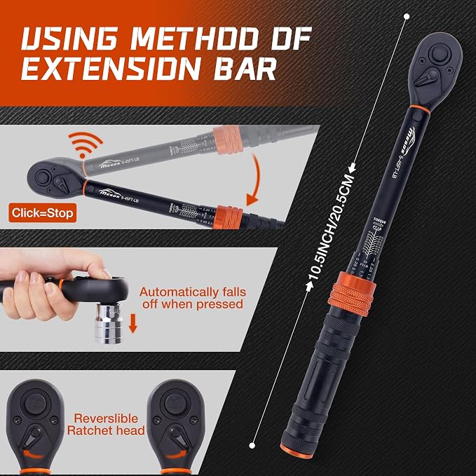 3/8-Inch Drive Torque Wrench, 5-45 Ft-Lb (6.8-61 Nm), 3% Accuracy, 72-Tooth Dual-Direction Mini Torque Wrench with Reversible Head, Quick Release, Dual Scale for Bike