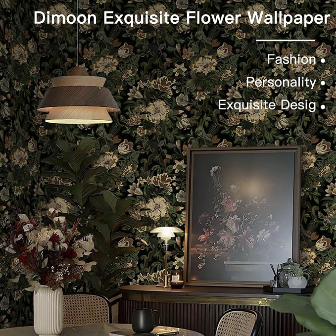 Dimoon 17.3"x236" Dark Wallpaper Peel and Stick Moody Vintage Victorian Floral Contact Paper Green Gothic Wallpaper for Bedroom Flower Leaf Yellow Renter Friendly Wall Paper Removable Vinyl Roll