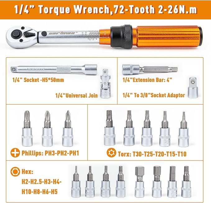 CARTMAN 1/4-Inch Drive Click Torque Wrench, Dual Range Bike Repair Tool Set | Dual range click torque wrench with quick release, reversible ratchet, calibrated accuracy for MTB, e-bike, and moto fix use.