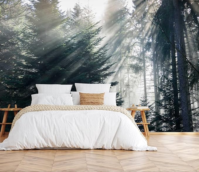 Toolhom Forest in the Fog wall Mural, Forest wall Sticker Wallpaper, Non-self-Adhesive wall Decorations（Non-self-Adhesive）