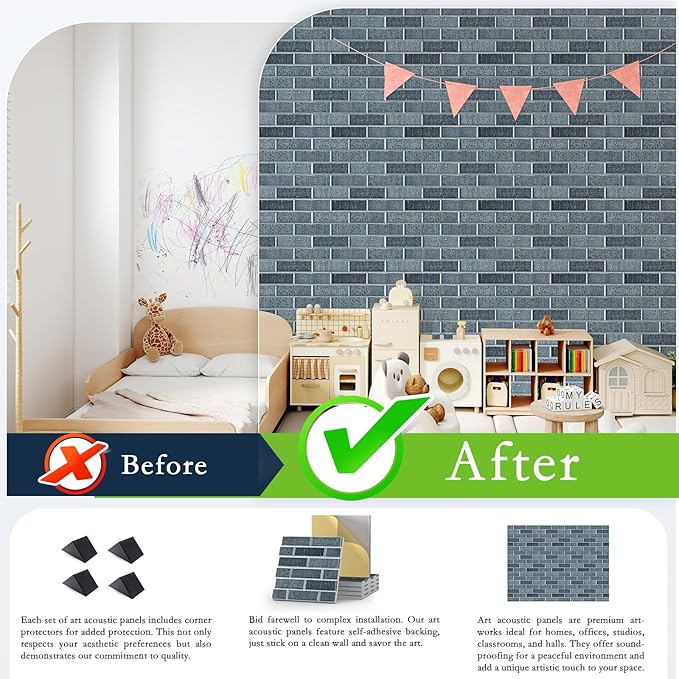 24Pack Acoustic Panels, 12"×12"×0.4" Self-Adhesive Brick Sound Proof Foam Panels for Walls, High Density Soundproof Wall Panels, Sound Absorbing Panel for Recording Studio, Office, Lime Black