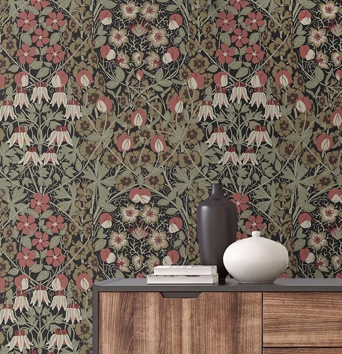 NextWall Tulip Garden Floral Peel and Stick Wallpaper (Ebony & Red Clay)