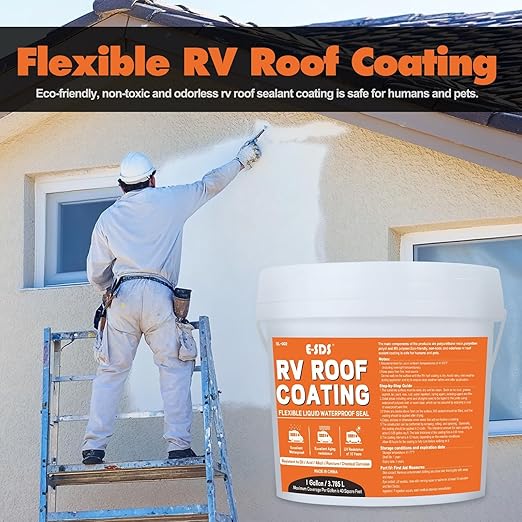 E-SDS RV Roof Sealant Waterproof - White 1 Gallon Liquid Flexible Rubber Repair Sealant Elastomeric Coating for Campers, Trailers, Metal Buildings - Accessories Packaged Inside The Bucket