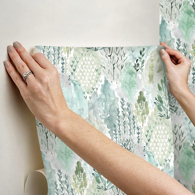 RoomMates Green Watercolor Tree Mosaic Peel and Stick Wallpaper, 20.5 in x 18 ft, Vinyl, Removable, No Sticky Residue, For Smooth Surfaces