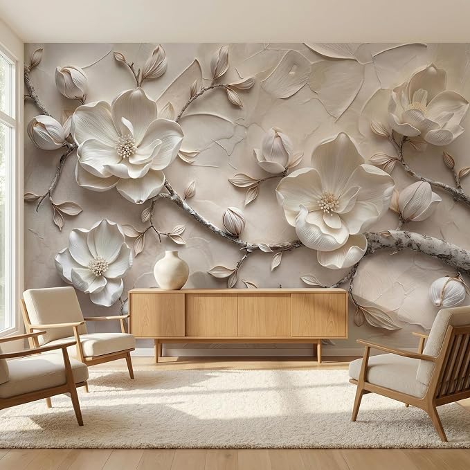MFWFM Floral Peel and Stick Wallpaper 3D Relief Magnolia Flower Wall Mural | 157"x110", for Bedroom Living Room Bathroom, Self Adhesive Canvas