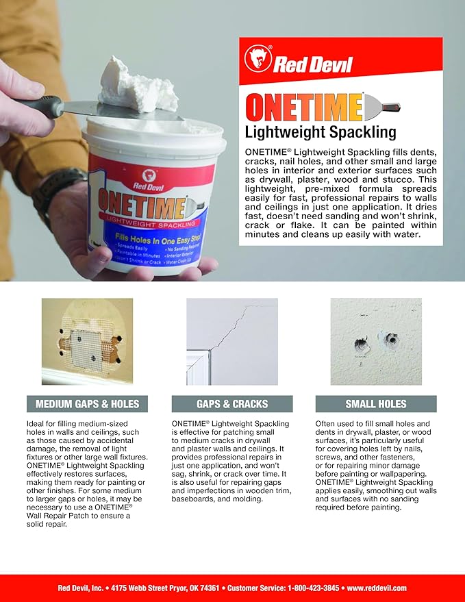Red Devil 0542 ONETIME Lightweight Spackling, 1/2 Pint, Made in USA