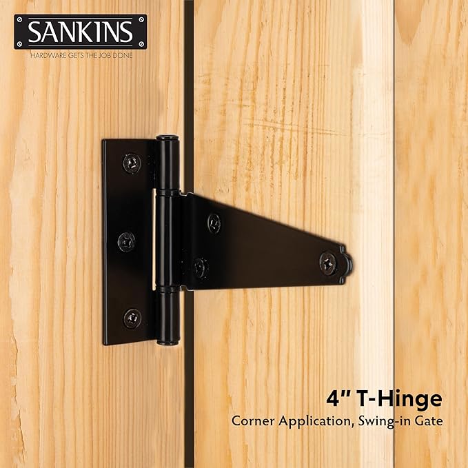 4 Inch T-Strap Shed Door Hinges Heavy Duty, Black Tee Gate Hinges for Wooden Fences, Yard Door, Barn Door Gates, Wrought Hardware Rustproof, 4Pack