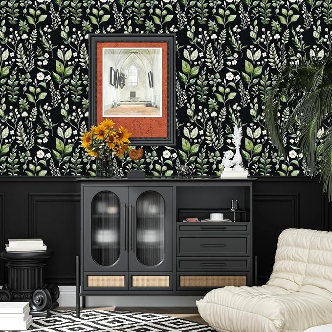 Danodoi Black Green Vintage Leaf Peel and Stick Wallpaper 17.5" x 393" | Waterproof Vinyl Self Adhesive Removable Renter Friendly Floral Contact Paper