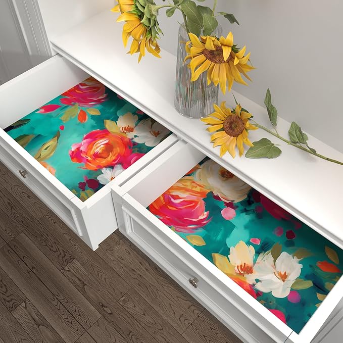 BOKEBEVE Floral Wallpaper Peel and Stick Boho Teal Blue 17.5 x 118In | Removable Self Adhesive Renter Friendly Vibrant Watercolor Wall Paper for Bedroom Bathroom Living Room Feature Accent Wall