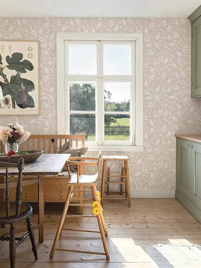 Ismoon Floral Wallpaper Peel and Stick Brown Neutral Contact Paper Wildflowers Leaf Stick on Wall Paper Textured Removable Self Adhesive Vinyl Wallpaper for Bedroom Bahtroom Wall Decor 17.3x78.7in