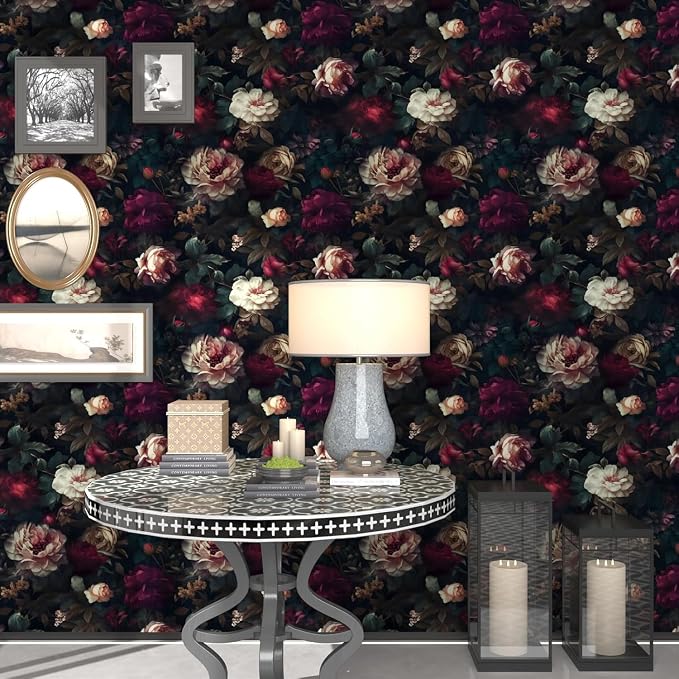 Fvlow Vintage Black Dark Red Floral Peel and Stick Wallpaper 17.4" x 394" | Renter Friendly, Removable & Waterproof, Vinyl Easy Install for Bedrooms, Bathrooms, Kitchens, Cabinets and Home Decor