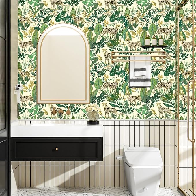 Yellow Vintage Leopard Peel and Stick Wallpaper 17.5" x 393" | Waterproof Vinyl Self Adhesive Removable Renter Friendly Floral Contact Paper