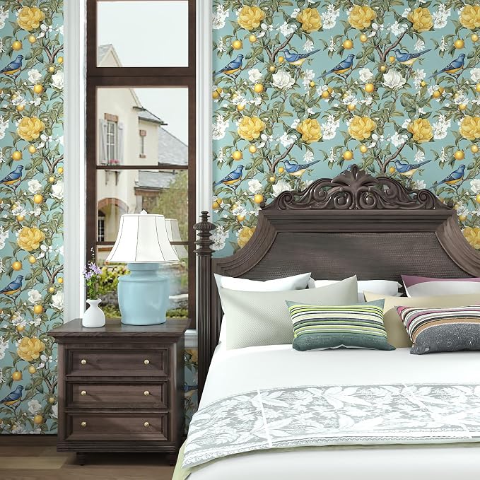 Danodoi Green Vintage Lemon Bird Peel and Stick Wallpaper 17.5" x 118" | Waterproof Vinyl Self Adhesive Removable Renter Friendly Floral Contact Paper