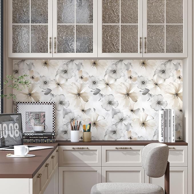 ILHIIOR White Floral Peel and Stick Wallpaper - Boho Vintage Leaf Pattern - Removable Self-Adhesive for Cabinets & Walls - 17.5''x393''