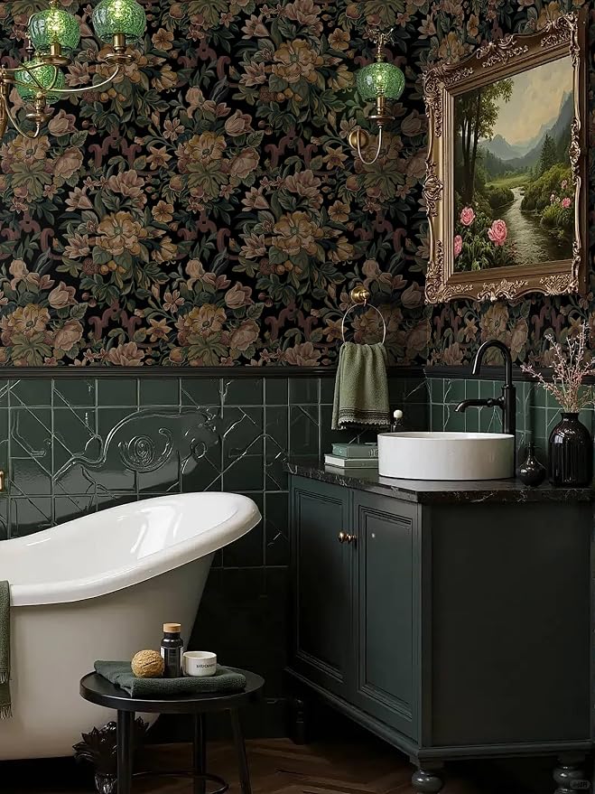 Dimoon Vintage Wallpaper Peel and Stick Archival Dark Green Floral Wallpaper 17.3"x78.7"Flower Leaf Retro Contact Paper for Bedroom Thicken Waterproof Self Adhesive Wall Paper Removable Vinyl Roll