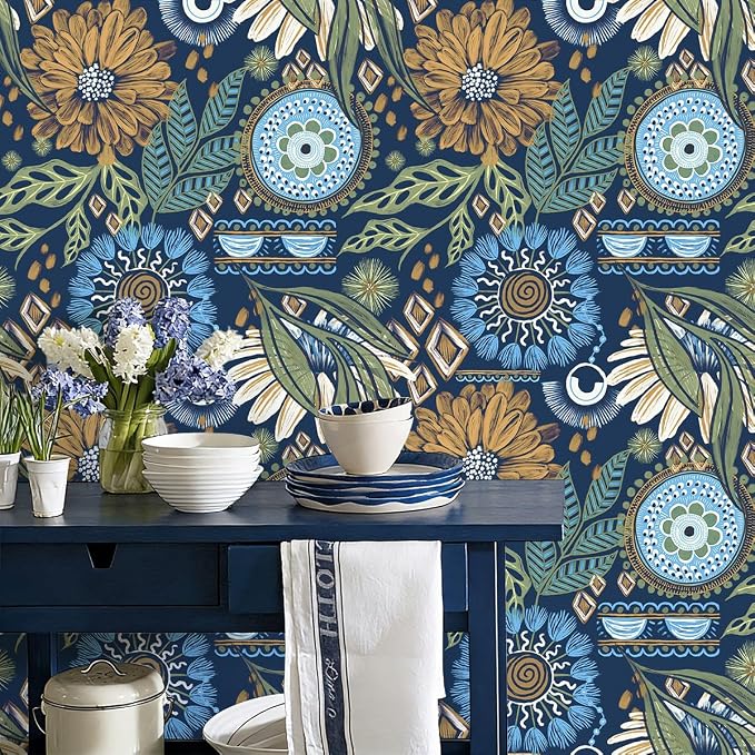 HAOKHOME Peel and Stick Wallpaper Boho Retro Floral Wall Paper Navy Blue Mustard for Bathroom Kitchen Accent Wall 17.3in x 32.8ft