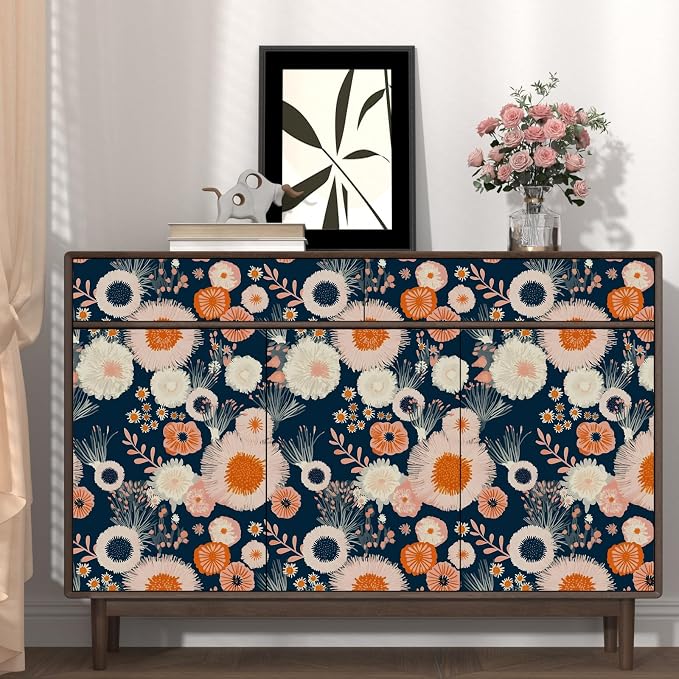 Vintage Blue/Pink Boho Floral Peel and Stick Wallpaper 17.5"x393" | Self Adhesive/Removable/Waterproof/Thick Vinyl Contact Paper for Bathroom Bedroom Shelf Cabinet Drawer,Prepasted,Easy Peel