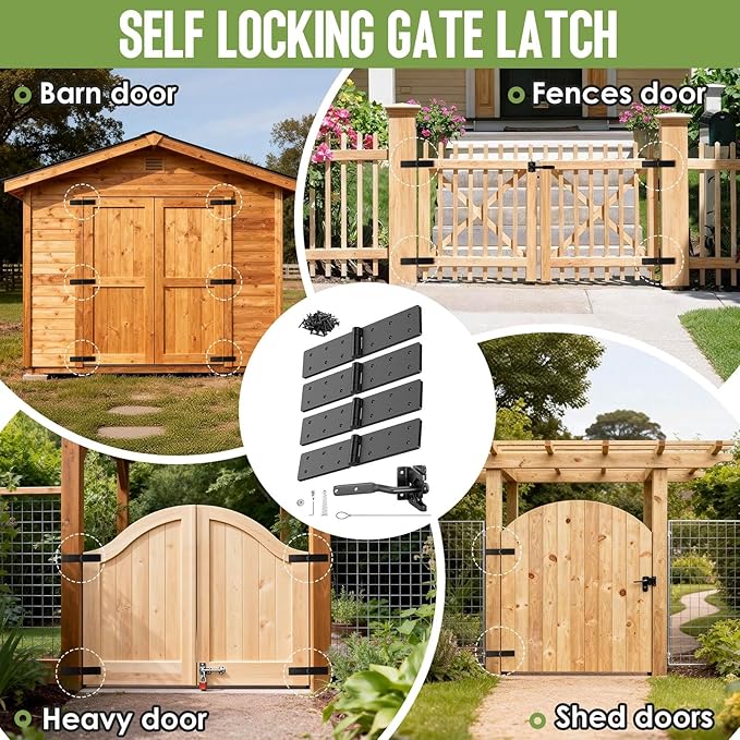 Heavy Duty Gate Hinges,270° Solid Double Layer Folding Butt Hinges,Self Locking Gate Latch for Wooden Fence,Heavy Plywood, Backyard Wood Gates and Fence（gate Hinge&Gate Latch
