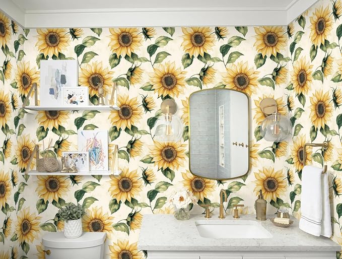 Yasinet Sunflower Peel and Stick Wallpaper Boho Floral Wallpaper Yellow Vintage Contact Paper for Bedroom Cabinets Farmhouse Waterproof Removable Self-adhesive Wall Paper for Wall Vinyl 17.3" x 393.7"