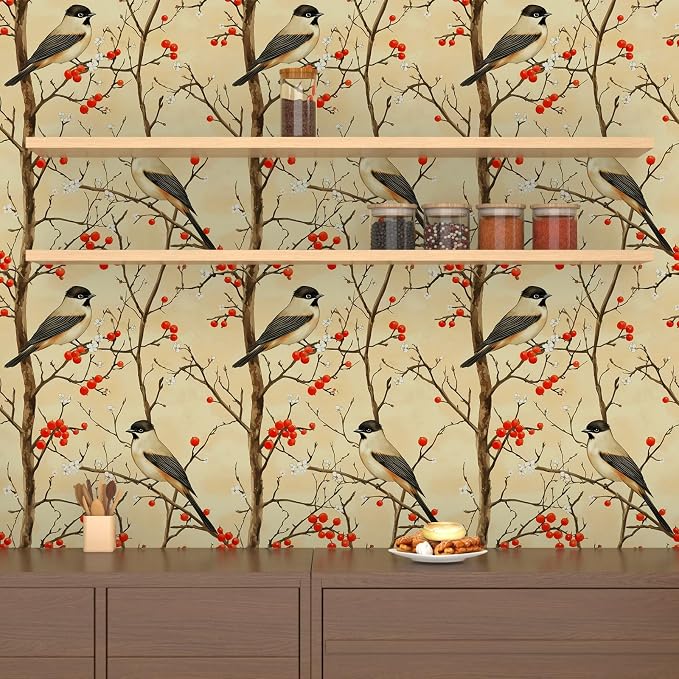 Yellow Bird Wallpaper Peel and Stick, Vintage Tree Botanical Contact Paper 17.5" x 393", Retro Floral Fruits Wall Paper Self Adhesive Removable Waterproof for Bedroom Walls Shelf Cabinet Drawer Table