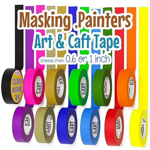 DEART 12PCS Colored Masking Tape, Kids Art Supplies, DIY Craft Tape, Colored Tape Rolls, Colored Painters Tape, 1.7cm x 10m (2/3In x 11Yards) for Labeling Coding Rolls Washi Scale Scrapbook Lab Tape