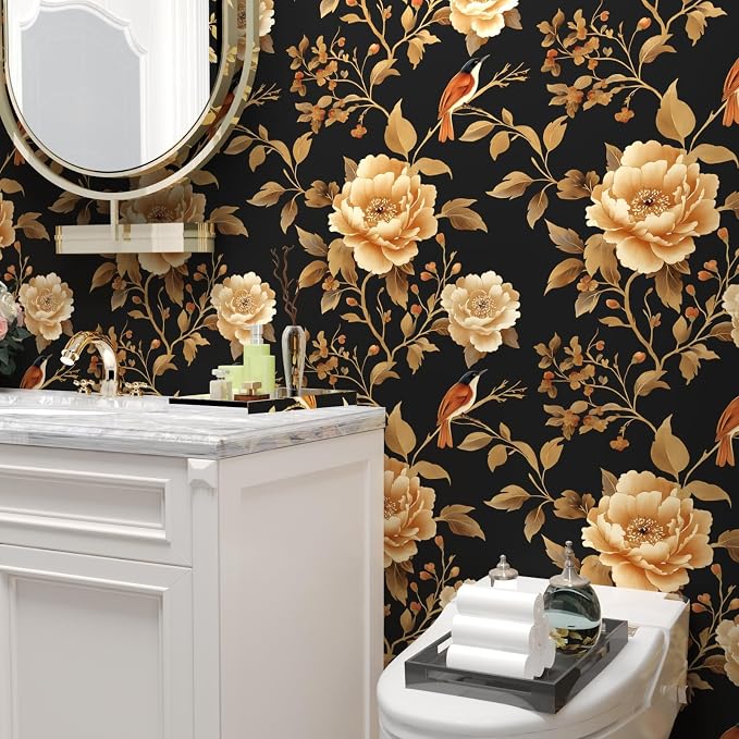 Laatse Vintage Floral Bird Wallpaper Peel and Stick Boho Wallpaper 17.5in x118in Black/Golden Floral Wall Mural Waterproof Self-Adhesive Modern Wall Paper for Bedroom Kitchen Cabinet Drawer Decor