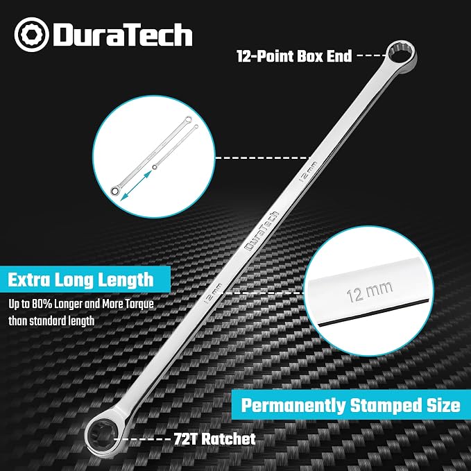 DURATECH 12mm Extra Long Ratcheting Wrench, Metric, CR-V Steel