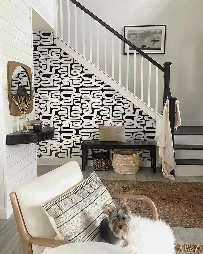 Black and Cream White Peel and Stick Wallpaper Modern Geometric Self-Adhesive Removable Contact Paper Thicken Waterproof Easy to Clean Decorative Wall Paper for Bedroom Bathroom 17.3in x 394in