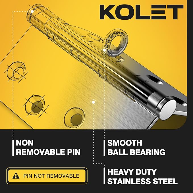 KOLET Ball Bearing Door Hinges, 4 x 4 Inches Black Door Hinges, Heavy Duty Stainless Steel Hinges, Square and 5/8'' Radius Corner, Smooth and Quiet, Non Removable Pin, Matte Black, 6 Pack