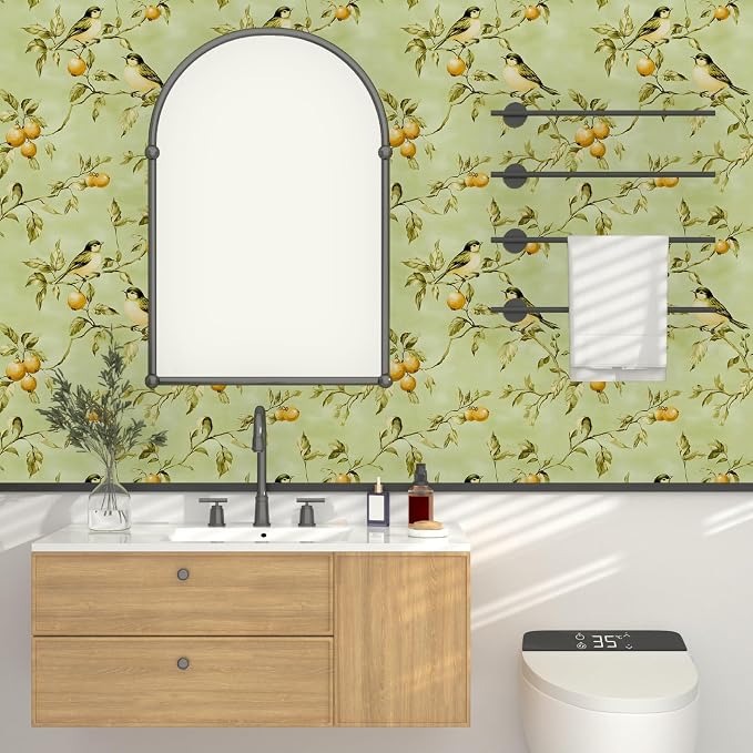 Vintage Bird Wallpaper Peel and Stick, Green Botanical Fruits Contact Paper17.5" x 393", Retro Floral Boho Wall Paper Self Adhesive Removable Waterproof for Bedroom Walls Shelf Cabinet Drawer Table