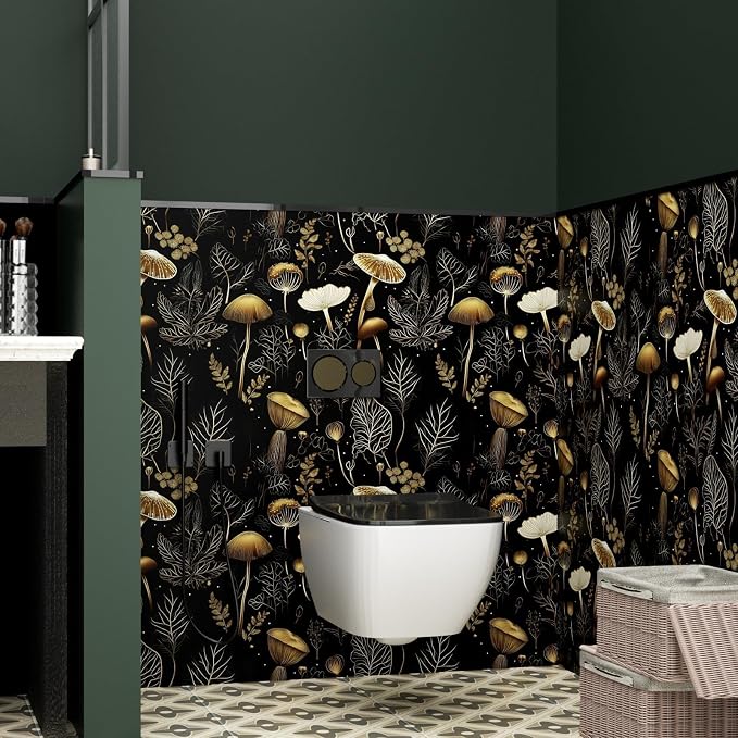 Laatse Boho Wallpaper Peel and Stick Dark Floral Contact Paper 17.5" x 118" Vinyl Self Adhesive Vintage Mushrooms Wall Mural Leaf Wall Paper for Room Countertop Drawer Decor(Golden,Black)