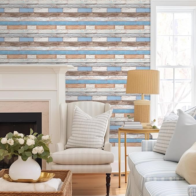 COMSTICKC Peel and Stick Faux Wood Wall Sticker Wall Panels, 10 Pcs of 12" x 12", Ultra-Light Thin PVC 3D Fake Wood Shiplap Self-Adhesive Wall Covering Wallpaper Interior Farmhouse Decor, Blue Brown
