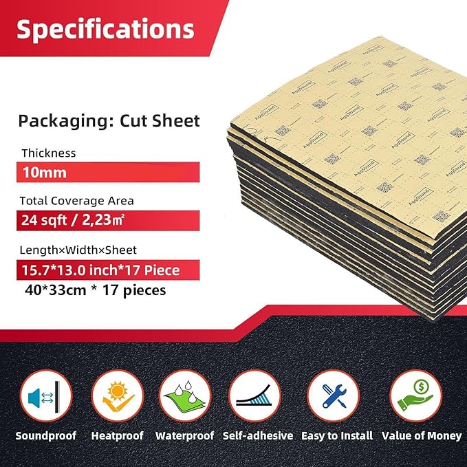 Sound Deadening Mat 394mil(10 mm) 24sqft - Car Sound Deadening Material Closed Cell Foam - Heat Insulation PE Foam Sound Deadener Material & Heat Barrier