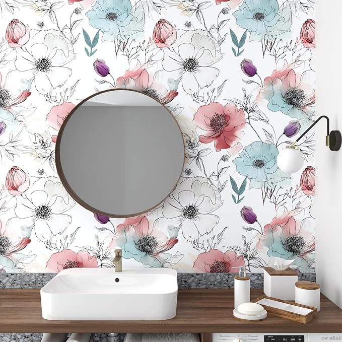 Blue Pink Watercolor Floral Peel and Stick Wallpaper 17.5"x393" | Self Adhesive/Removable/Waterproof/Thick Vinyl Vintage Contact Paper for Bathroom Bedroom Shelf Cabinet Drawer,Prepasted