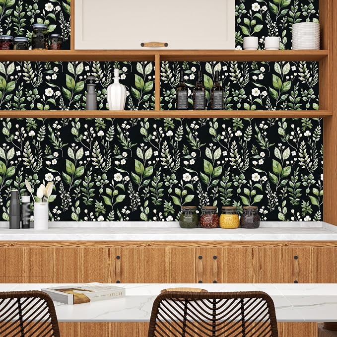 Danodoi Black Green Vintage Leaf Peel and Stick Wallpaper 17.5" x 118" | Waterproof Vinyl Self Adhesive Removable Renter Friendly Floral Contact Paper