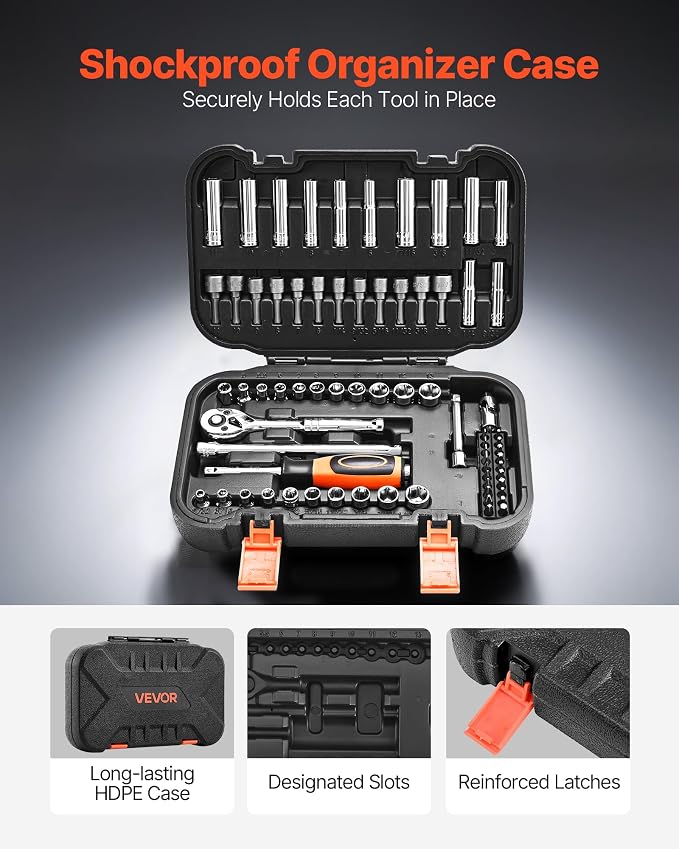 VEVOR Socket Set, 70 Pieces, 1/4 inch Drive Socket and Ratchet Set, SAE and Metric, Deep and Shallow, Mechanic Tool Kit with Bits, Accessories and Storage Case, CR-V Alloy Steel, for Automotive Repair | Mechanic Tool Set with Bits, Accessories and Stor...