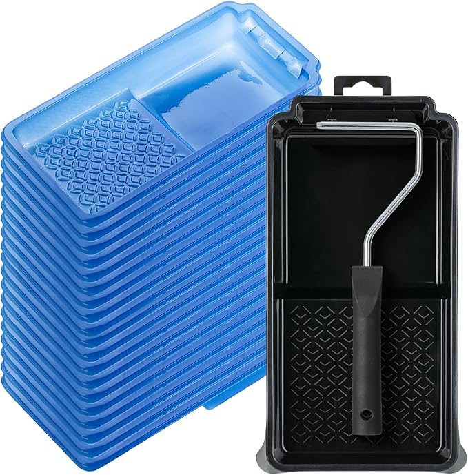 Bates- 4 Inch Paint Tray Set, 22 pcs, 1x 4 Inch Paint Roller Tray, 20x Disposable Plastic Liners & 1x Roller Frame, Black & Blue