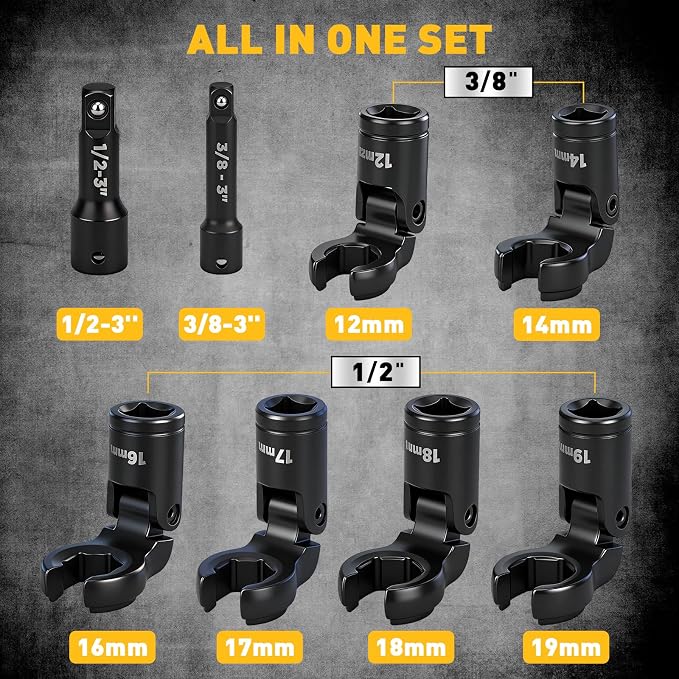 8-Piece Flex Head Crows Foot Wrench Set, Metric 12 14 16 17 18 19 mm with Extension Bar, 3/8" & 1/2" Drive Crowsfoot Line Wrenches Set, Access Fasteners in Tight Spaces