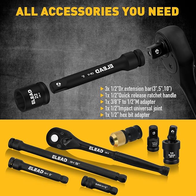 67 Piece 1/2" Drive Deep Impact Socket Set: Standard SAE (3/8"-1-1/4") & Metric (8-24 mm), Including 3 ", 5", 10" Extension Bar, Universal Joint, Ratchet Handle and Adapter
