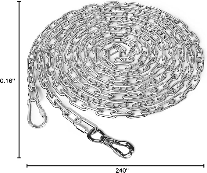 Tresbro Heavy Duty Dog Chains for Outside, 20FT Stainless Steel Tie Out Cable with Swivel Hook for Small Medium Dogs, Metal Chew Proof Pet Runner Chain Leash Lead for Outdoor Camping Hiking Yard, 4MM
