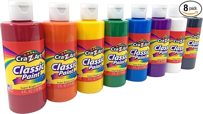 Cra-Z-Art Washable Classic Paint Bulk Pack 8ct, Assorted Colors 4oz each bottle
