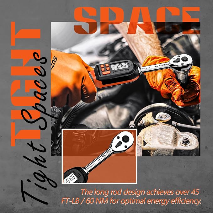 Digital Torque Wrench 3/8 Drive (5.02-99.57 Ft. Lb / 6.8-135 N.m) | ±2% Accuracy,Buzzer and LED Alert,Electric Display,Peak & Track,Foot / Inch Pound,Automotive,Car, Moto,Spark Plug,Engine,Bike
