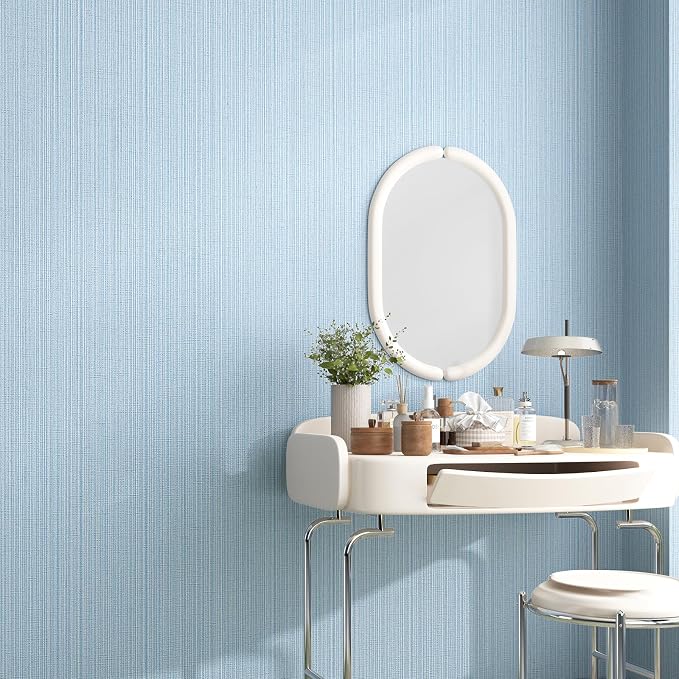 Light Blue Faux Grasscloth Wallpaper Peel and Stick Linen Textured 24"x394" Upgraded Thick Self-Adhesive Waterproof Neutral Decorative Contact Paper Vinyl Film Roll for Wall Bedroom Kitchen