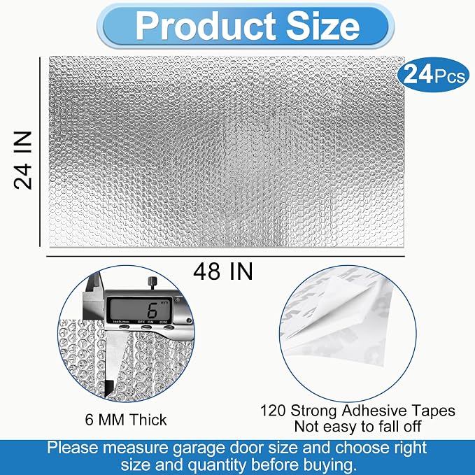 Garage Door Insulation Kit 24P Double Bubble Window Heat Insulation Panels, 6MM 24x8FT Reflective Aluminum Foil Summer Barrier Insulation Sheets with 240 Tapes for Garage Greenhouse Attic(24x48)