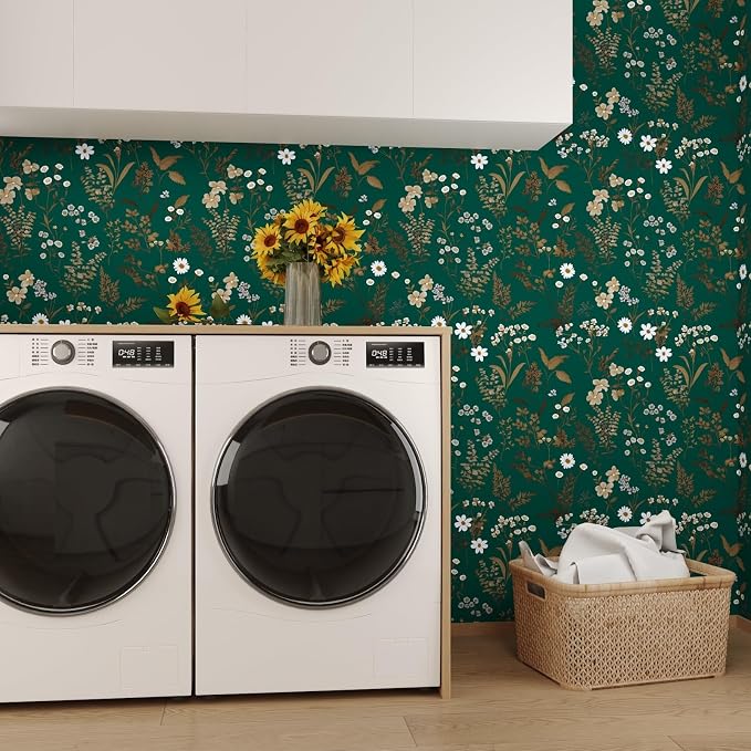 Laatse Dark Floral Wallpaper Peel and Stick 17.5in x 118in Vintage Green Gold Leaf Wallpaper Vinyl Waterproof Self-Adhesive Boho Botanical Wall Paper Mural for Cabinet Bookcase Bedroom Decor