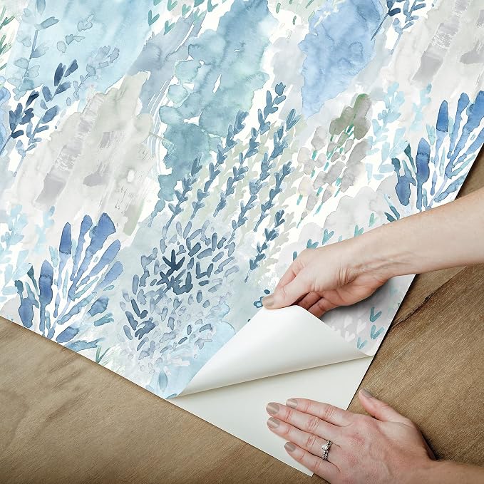 RoomMates RMK12330PLW Blue Watercolor Tree Mosaic Peel and Stick Wallpaper