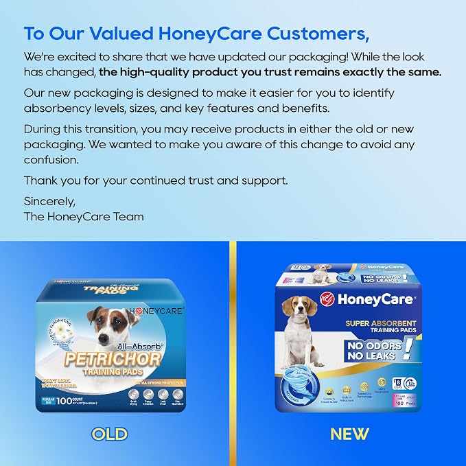 HONEY CARE All-Absorb, Large 22" x 23", 100 Count, Dog and Puppy Training Pads, Ultra Absorbent and Odor Eliminating, Leak-Proof 5-Layer Potty Training Pads with Quick-Dry Surface, Blue, A01