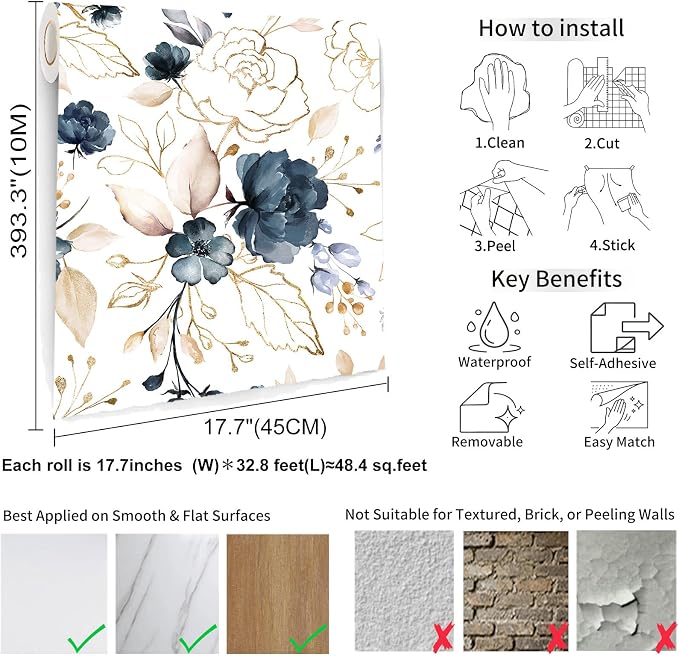 Navy Blue Floral Peel and Stick Wallpaper 17.7"x393.3" | Removable thick vinyl, watercolor botanical design, laundry room, bedroom, bathroom, renter friendly accent walls