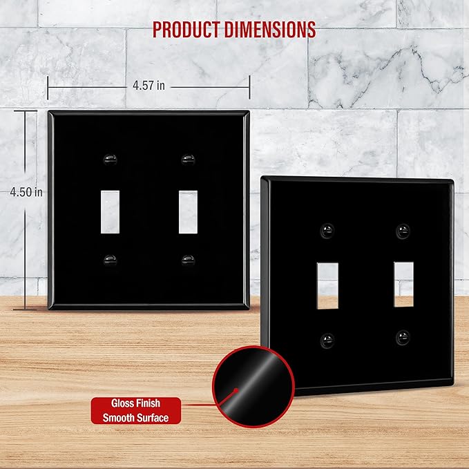 ENERLITES Double Toggle Light Switch Metal Cover Plate, Wall Plate, Corrosion Resistant, Standard Size 2-Gang 4.50" x 4.57", Powder Coated Stamped Steel, 7712-BG, Black Gloss (Pack of 1)