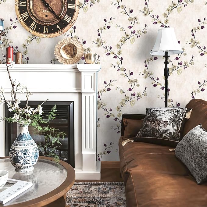 SOON AFTER 17.5"x120" Floral Peel and Stick Wallpaper Flower Tree Contact Paper Self Adhesive Removable Modern Beige Wall Paper Decorative Wall Covering Countertop Vinyl Film Roll